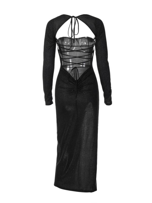 Women's Glitter Ruched Backless Split Thigh Bodycon Dress, Elegant Sweetheart Neck Drop Shoulder Long Sleeve Evening Party Gown, Women's Clothing for Spring & Fall